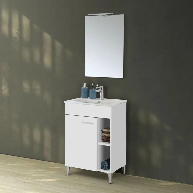 Mobile bagno a terra 60 cm bianco lucido con 1 anta lavabo e specchio Martha