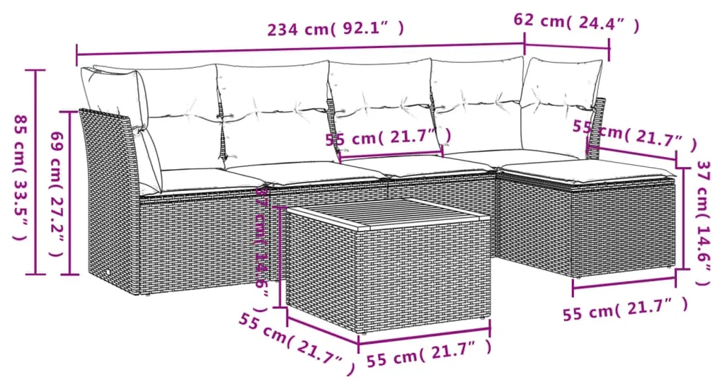 Set divano da giardino 6 pz con cuscini beige in polyrattan