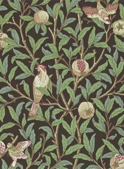 Morris & Co Carta da parati Bird & Pomegranate - Charcoal/ Sage