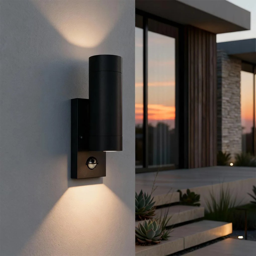 Applique Bidirezionale IP65 2xGU10 con sensore Movimento - Nera