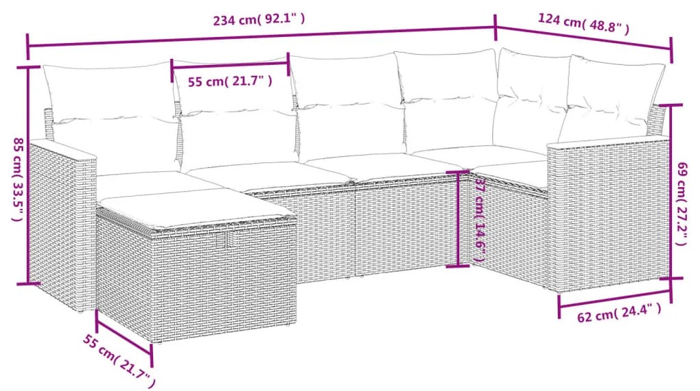 Set Divano da Giardino 6 pz con Cuscini Beige Misto Polyrattan