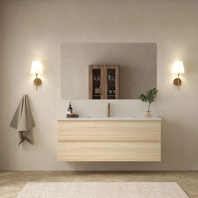 Mobile bagno 120 cm due cassetti lavabo integrato legno chiaro | KAM-HR120 - KAMALU
