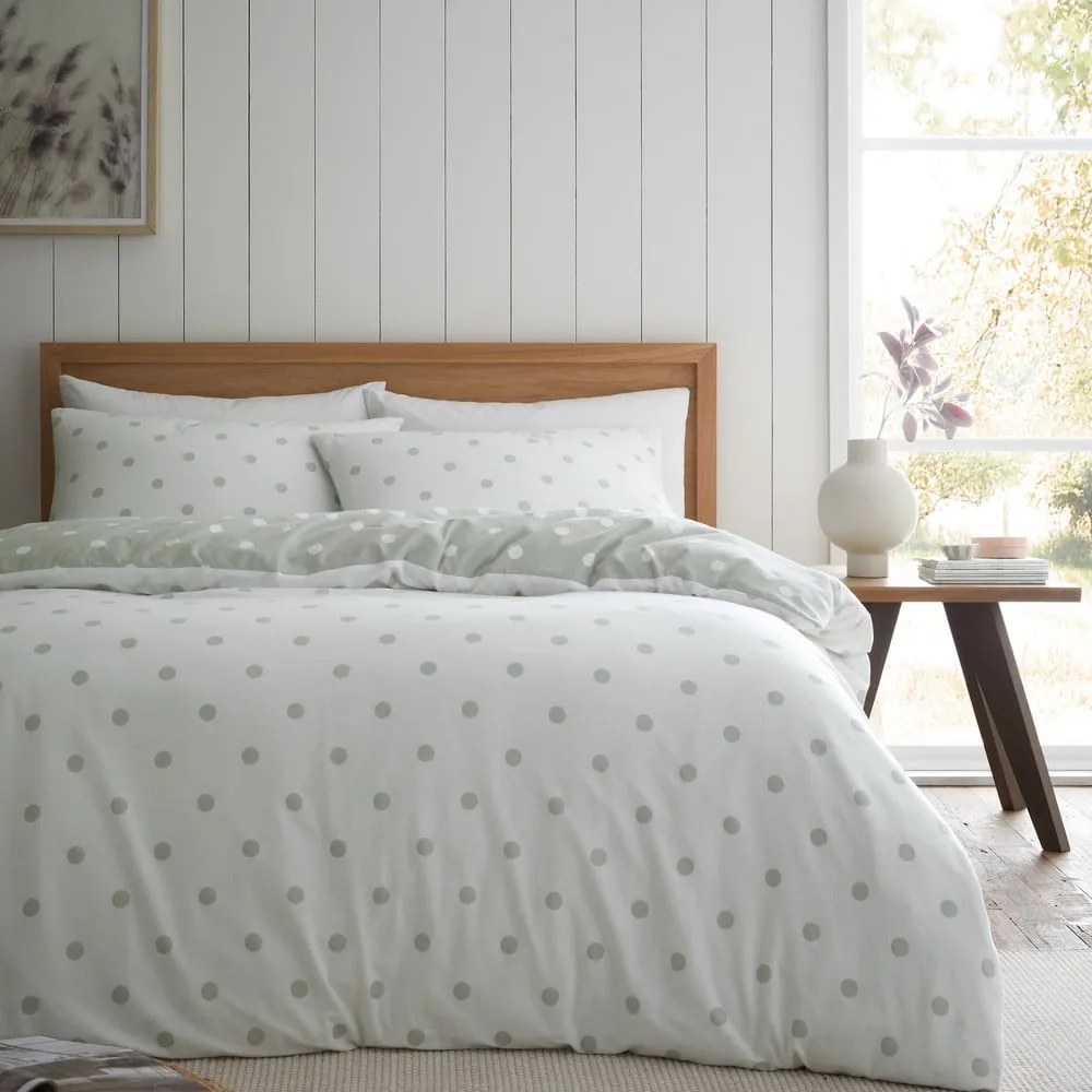Set copripiumino e federa bianco e verde in flanella per letto matrimoniale e per letto esteso 230x220 cm Polka Dot – Catherine Lansfield