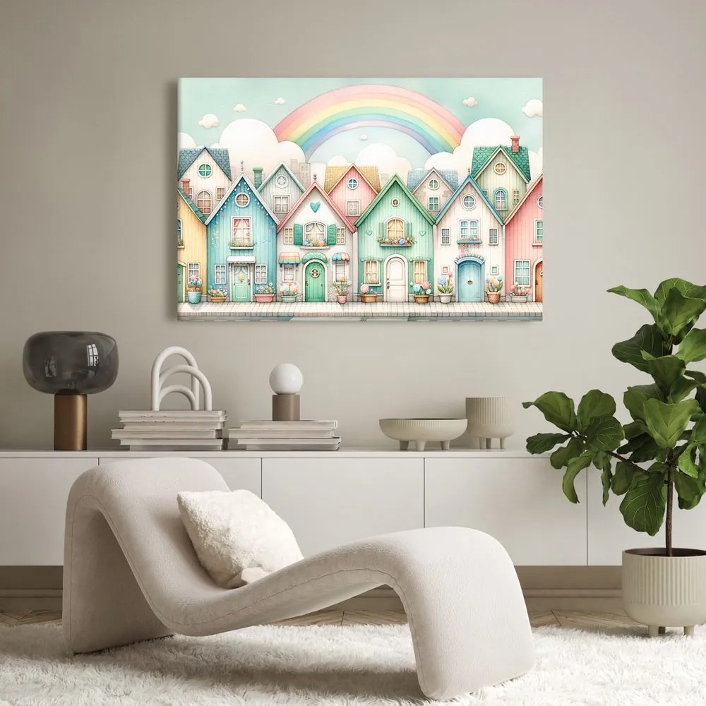 Quadro su tela – Casette pastello con arcobaleno
