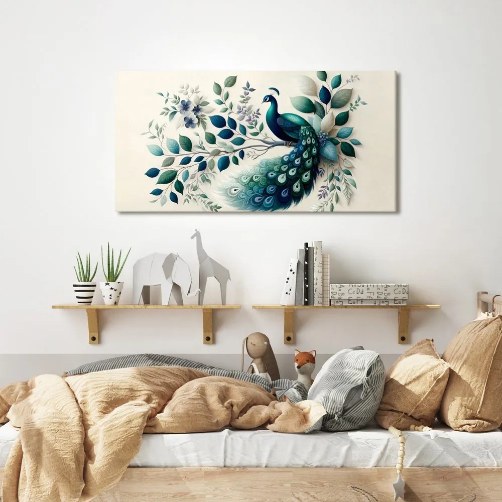 Quadro su tela – Pavone blu in composizione floreale
