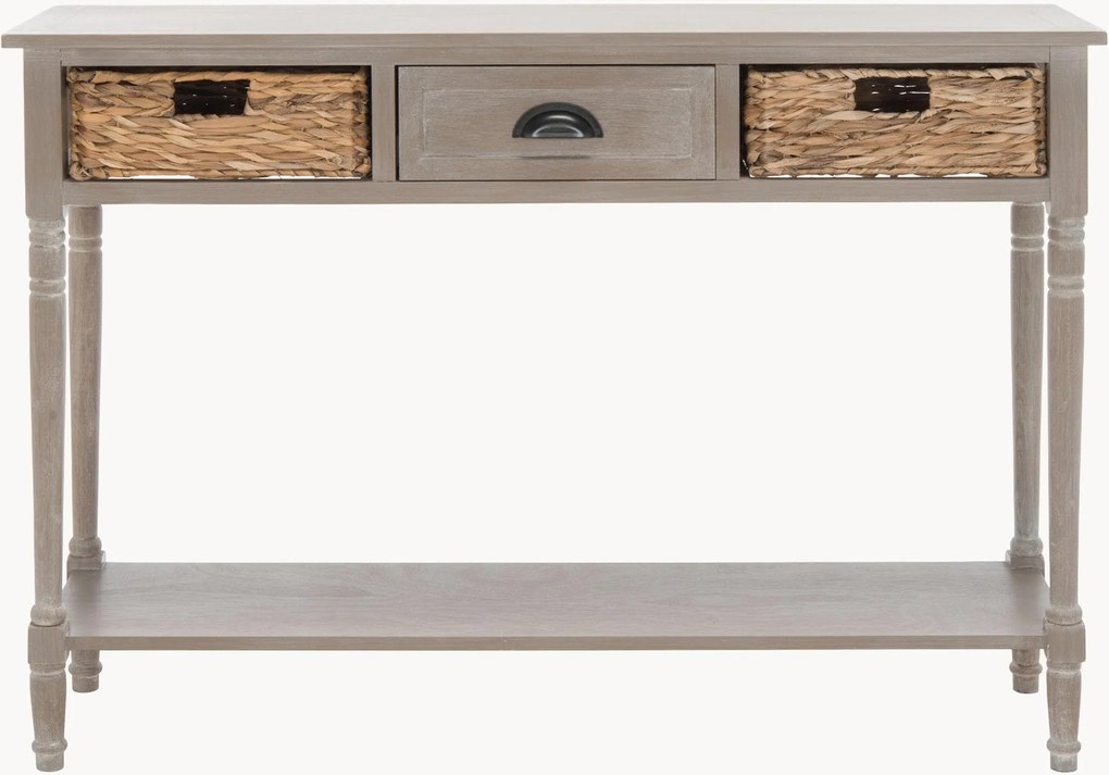Consolle in legno di pino con cassetto e cesti in rattan Vintage