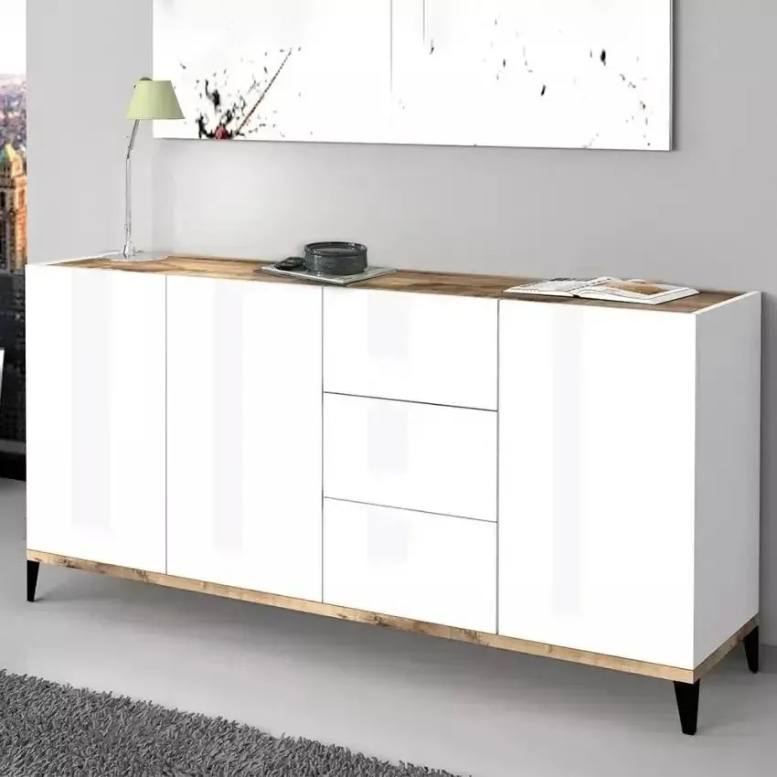 Sunrise Sideboard 3 Ante + 3 Cassetti 160 x 40 x 82 cm in Bianco Laccato e Acero Pereira