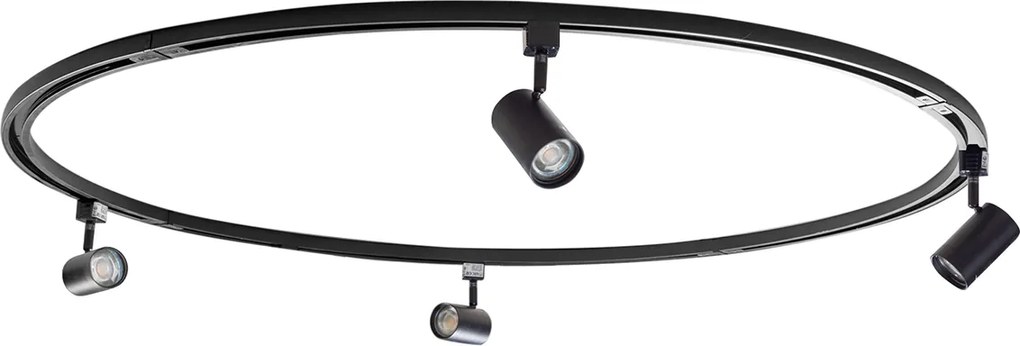 Sistema di illuminazione a binario moderno con 4 faretti neri monofase rotondi - Iconic Jeana