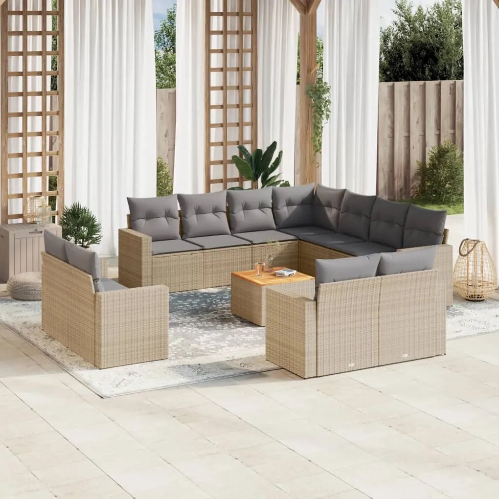 Set Divano da Giardino 12 pz con Cuscini Beige Misto Polyrattan