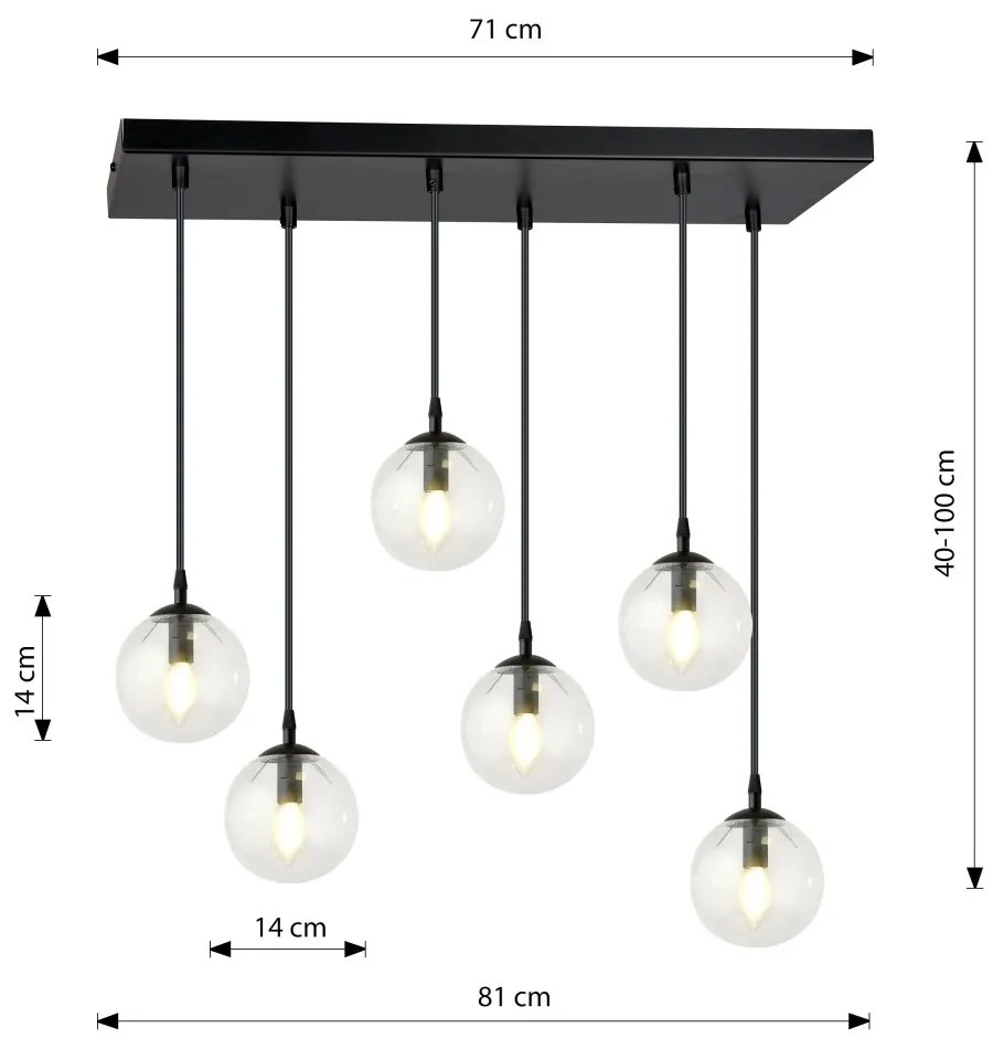 Lampadario a Sospensione in Acciaio e Vetro COSMO 6 Nero 6xE14 Colore delle Sfere Trasparente