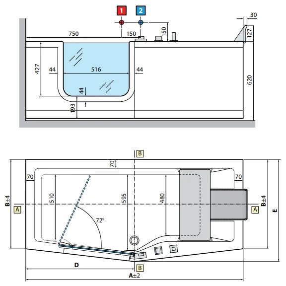 Vasca 160x70 con accesso facilitato sinistra standard con telaio e 3 pannelli bianco Iris IRI216070 Novellini