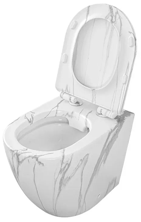 WC filomuro Rimless in ceramica marmorizzata bianca con sedile Tokyo