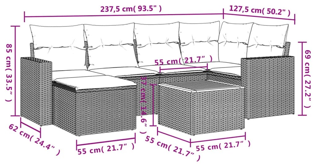 Set divani da giardino 7 pz con cuscini beige in polyrattan