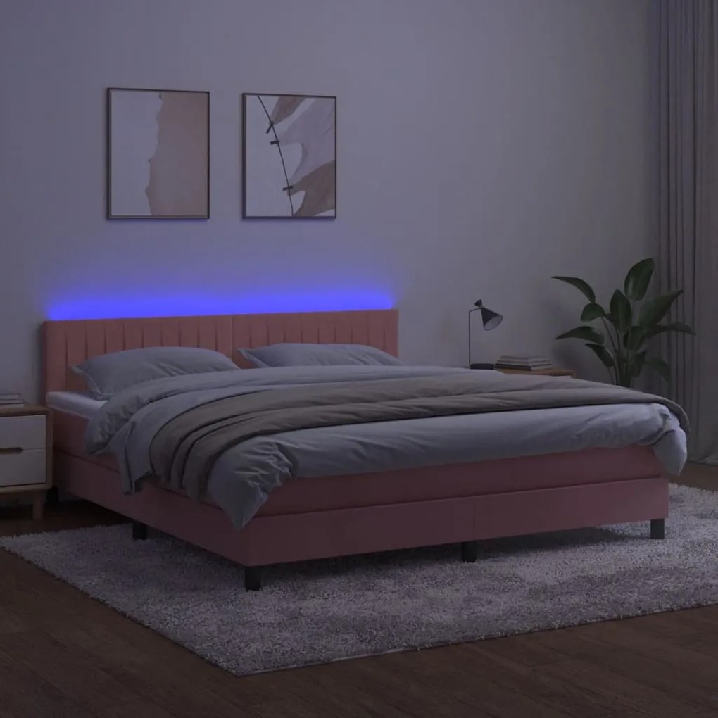 Letto a molle con materasso e led rosa 160x200 cm in velluto