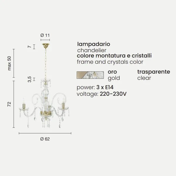 Lampadario a sospensione in cristallo D62 cm MARIATERESA intrecciato 3 luci