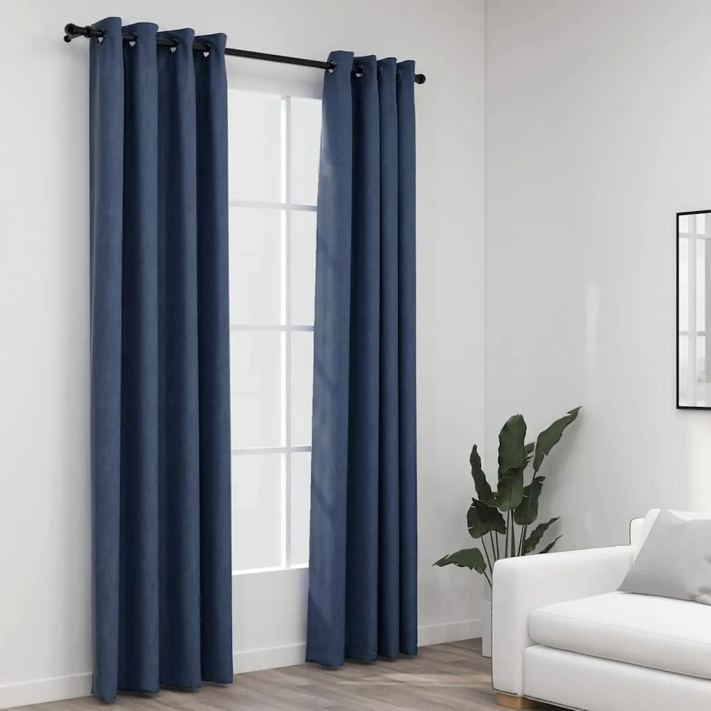 Tende Oscuranti Effetto Lino Con Occhielli 2 Pz Blu 140x245 Cm /