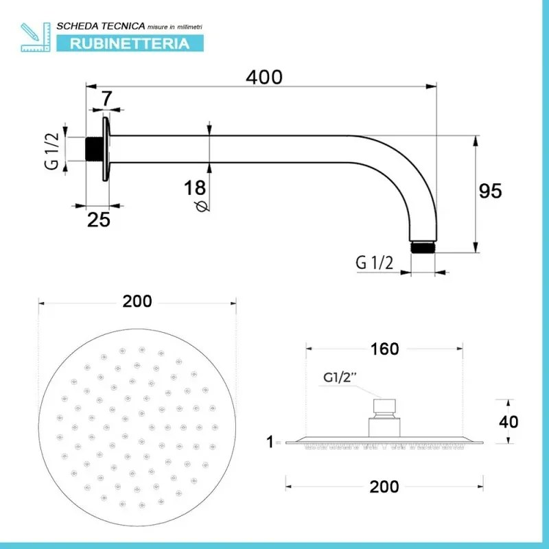 Set doccia con braccio 40 cm e soffione 30 cm in inox nero opaco