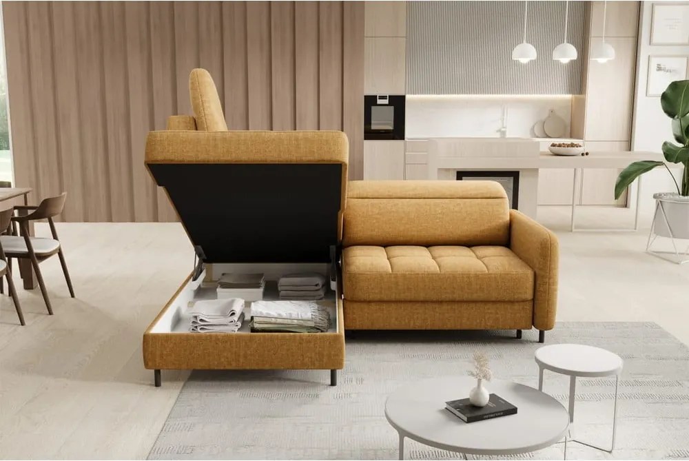 Divano angolare giallo allungabile/con contenitore (con penisola a sinistra/a L) e rivestimento in velluto Barea – ELTAP