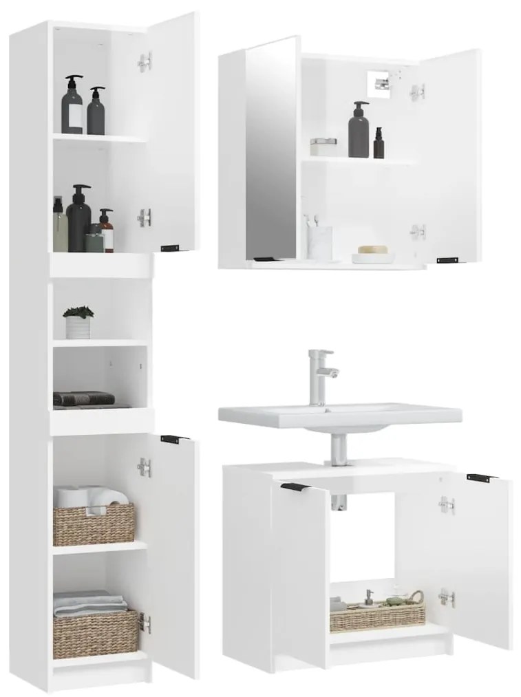 Set mobili da bagno 3 pz bianco lucido in legno multistrato