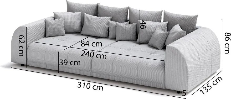 Divano grigio scuro con rivestimento in velluto a coste 310 cm Vanessa – Ropez