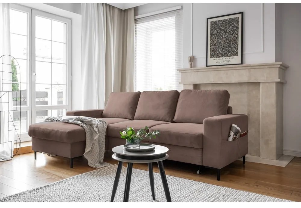 Divano letto in velluto a coste marrone (angolo sinistro) Lofty Lilly - Miuform