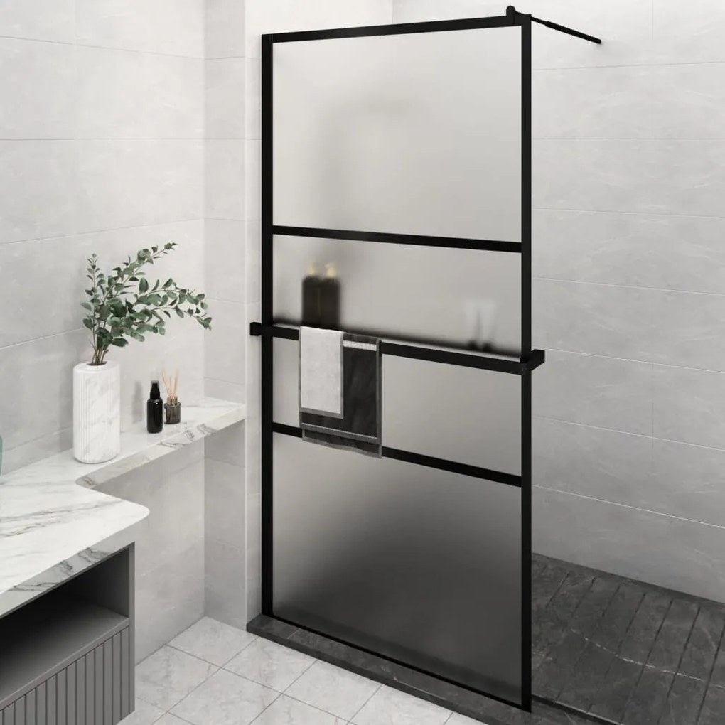 Parete Doccia Con Mensola Nera 115x195 Cm Vetro Esg E Alluminio /