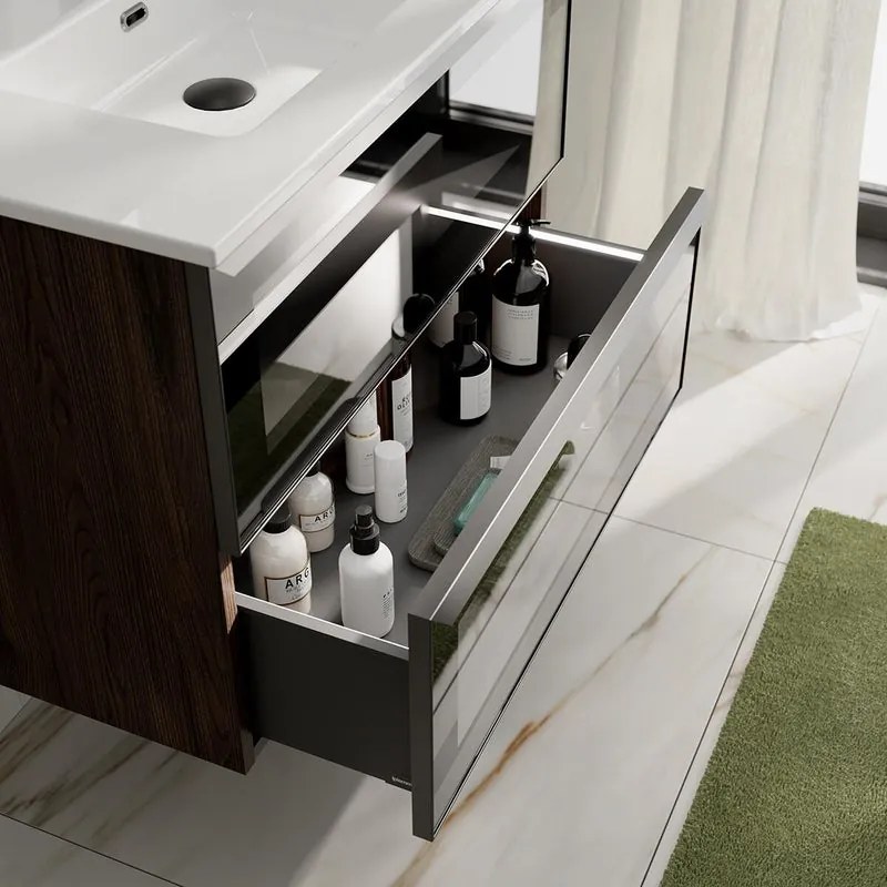 Mobile bagno con lavabo STAR L80 x H60 x P46 cm walnut in vetro 2 cassetti per vasca centrale, il cassetto é dotato di illuminazione LED