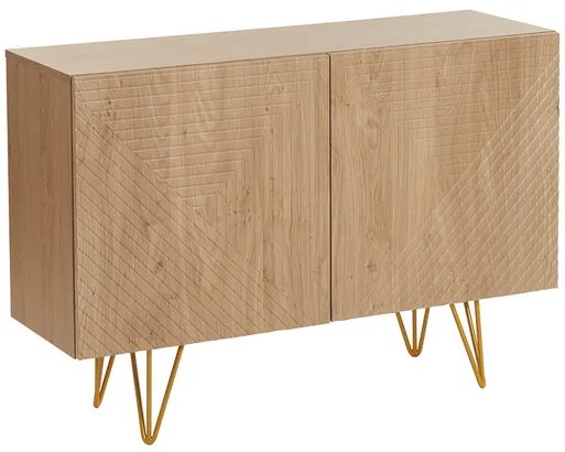 Credenza design con incisioni finitura legno chiaro rovere e metallo dorato 2 ante L107 cm OZEN