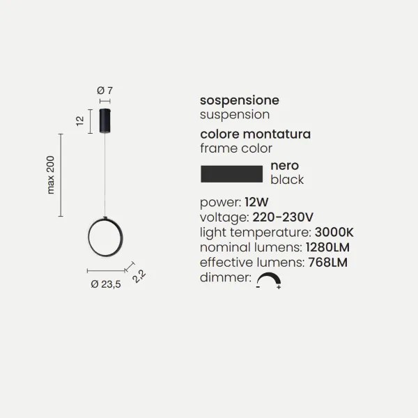 Lampada a sospensione D23 cm in metallo Nero e vetro Ottanio 1 Luce LED PINTA