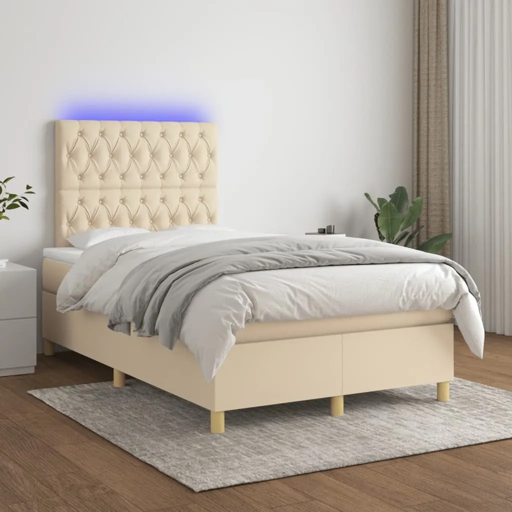 Letto a molle con materasso e led crema 120x190 cm in tessuto