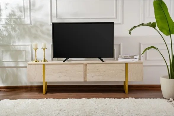 Mobile TV Da Terra 180 Cm A 2 Ante Effetto Travertino E Piedini Oro Serena
