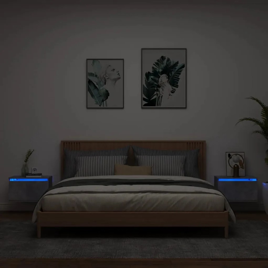 Comodini a parete con luci led 2 pz grigio cemento