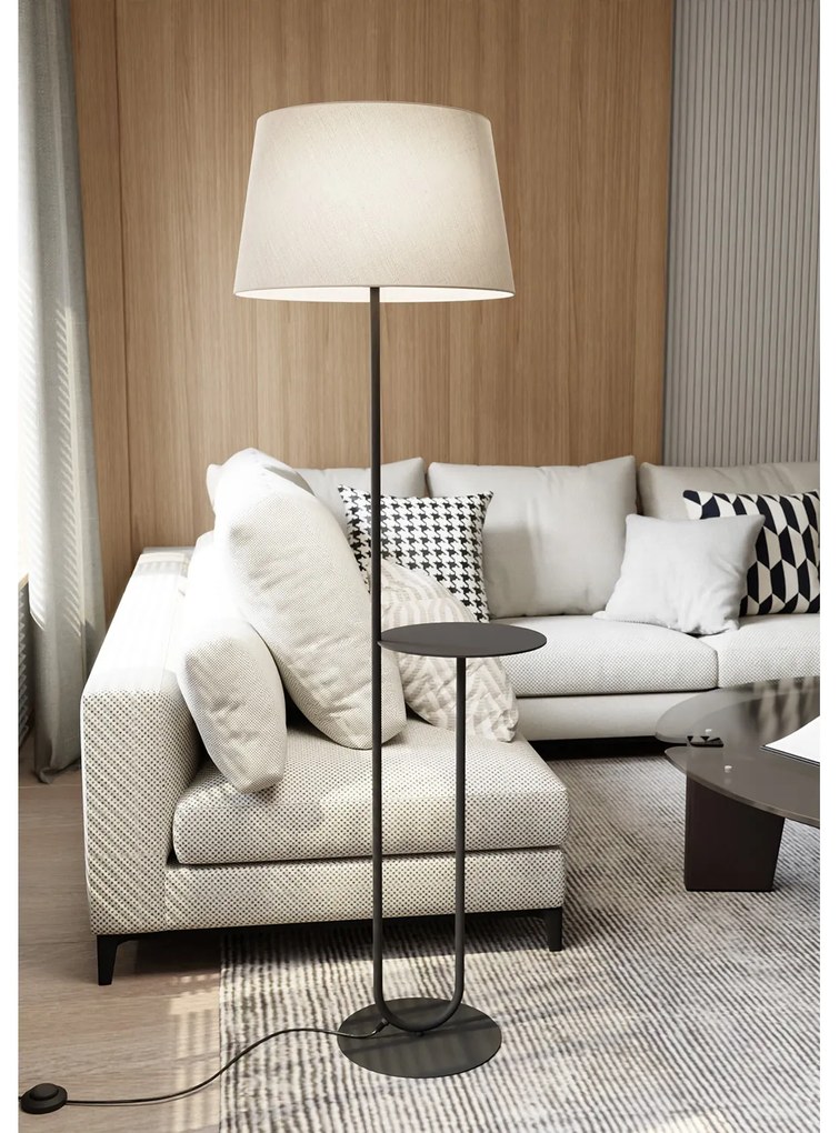 Piantana 1 Luce Horus Paralume In Tessuto Beige Con Mensola In Acciaio Nero