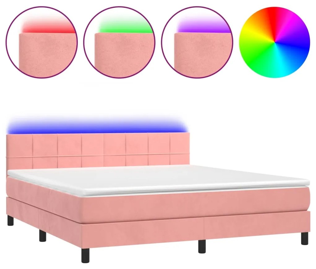 Letto a molle con materasso e led rosa 180x200 cm in velluto