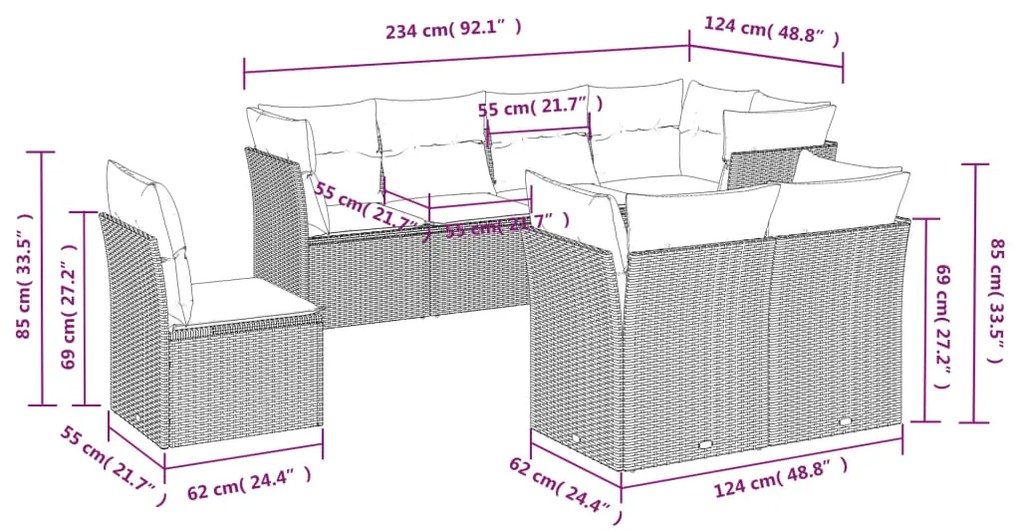 Set Divano da Giardino 8 pz con Cuscini Beige in Polyrattan