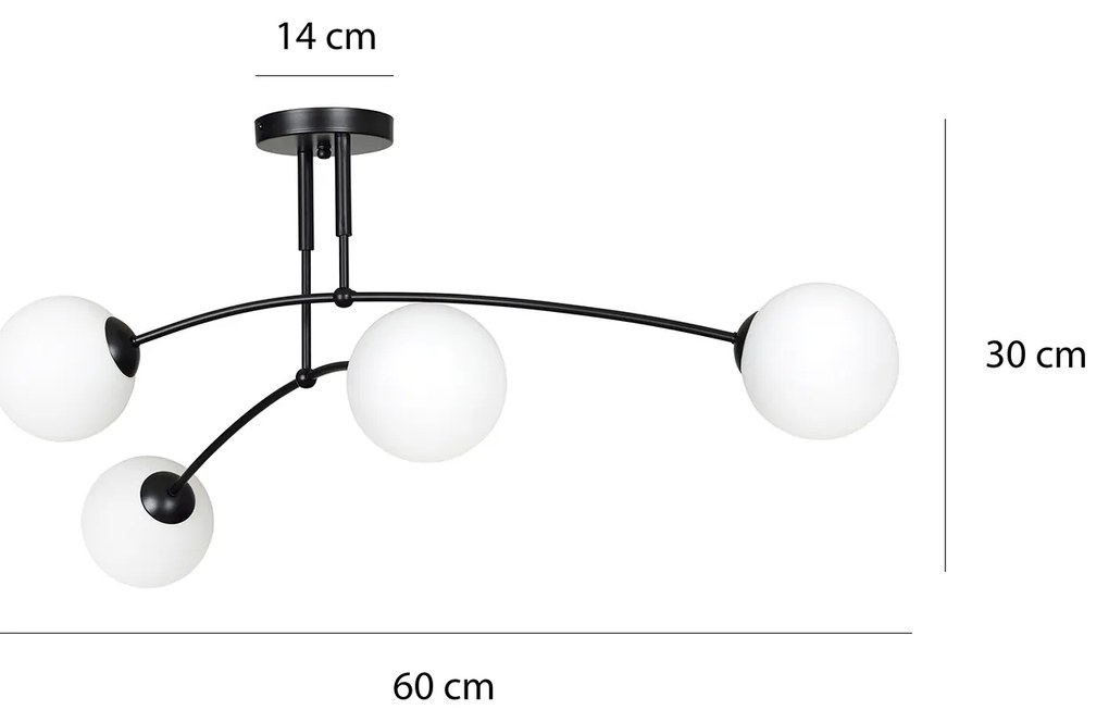 Plafoniera Moderna 4 Luci Susanoo In Acciaio Nero E Vetri A Sfera In Bianco