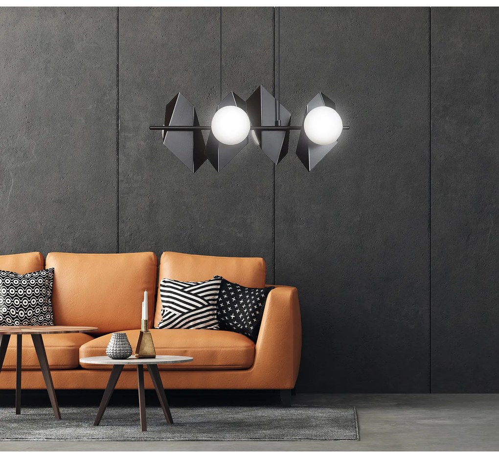 Lampadario 4 Luci Moderno Parvati In Acciaio Nero E Sfere Vetro Opalino