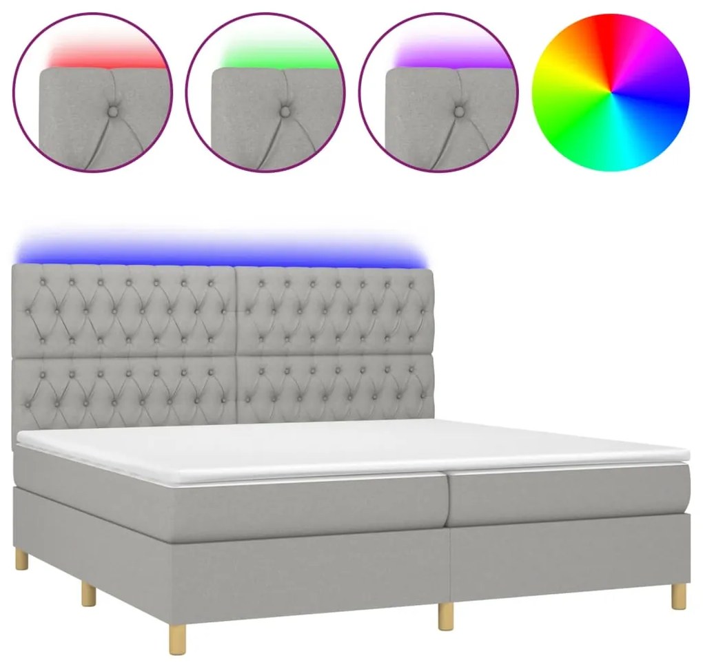 Letto a molle materasso e led grigio chiaro 200x200 cm tessuto