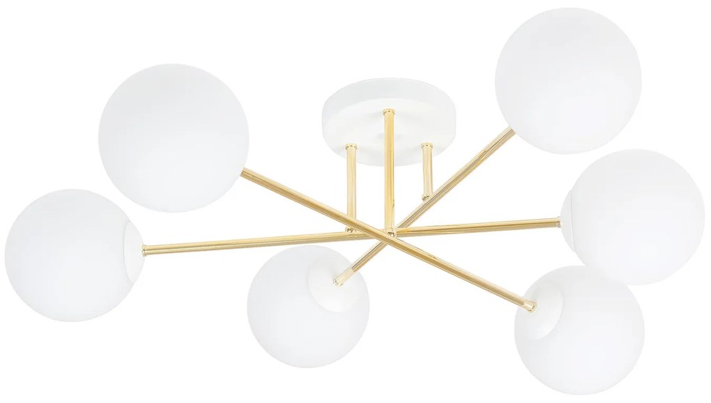 Plafoniera Moderna Magnium 6 Luci In Acciao Oro E Sfere In Vetro Bianco