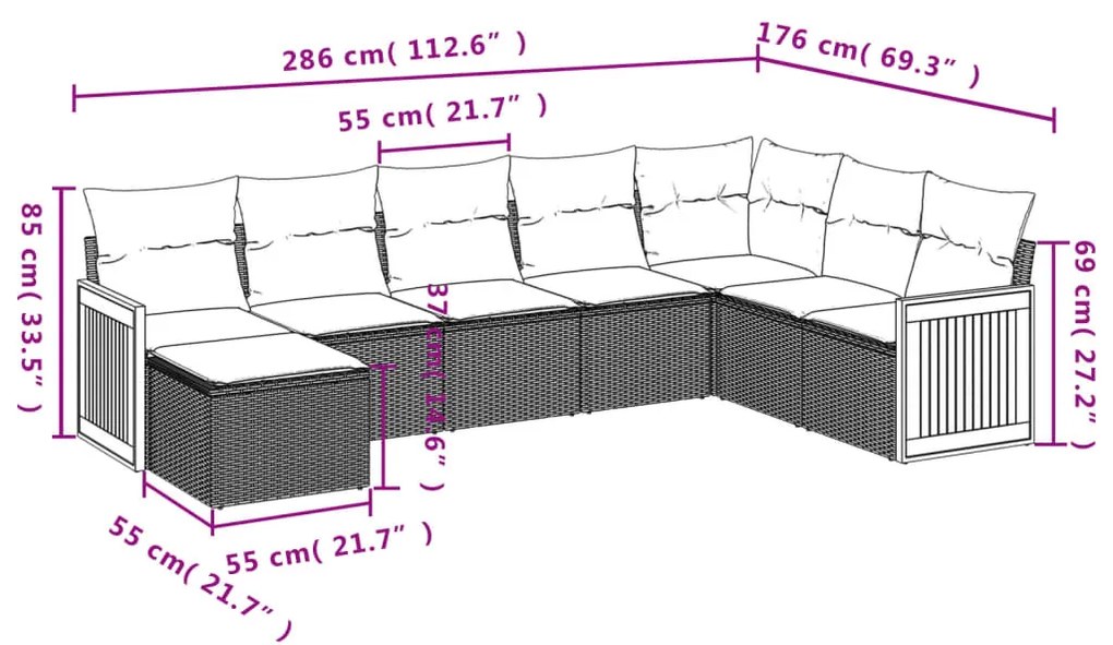 Set divano da giardino 8 pz con cuscini grigio in polyrattan