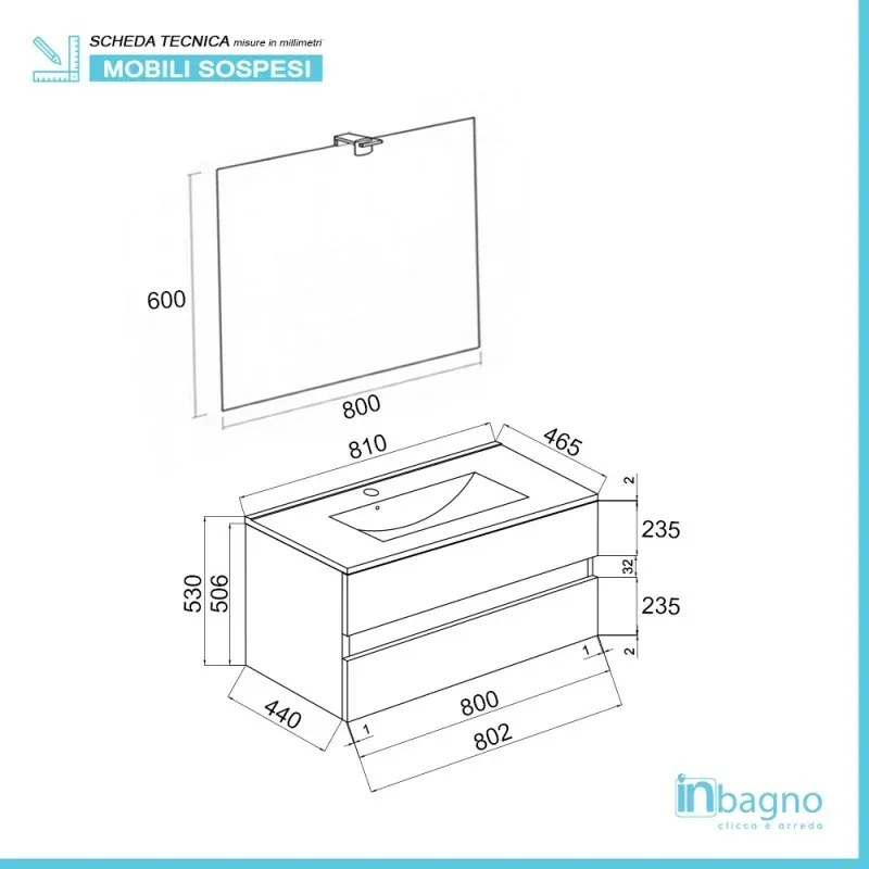 Mobile bagno sospeso rovere grigio 80 cm lavabo e specchiera LED Easy