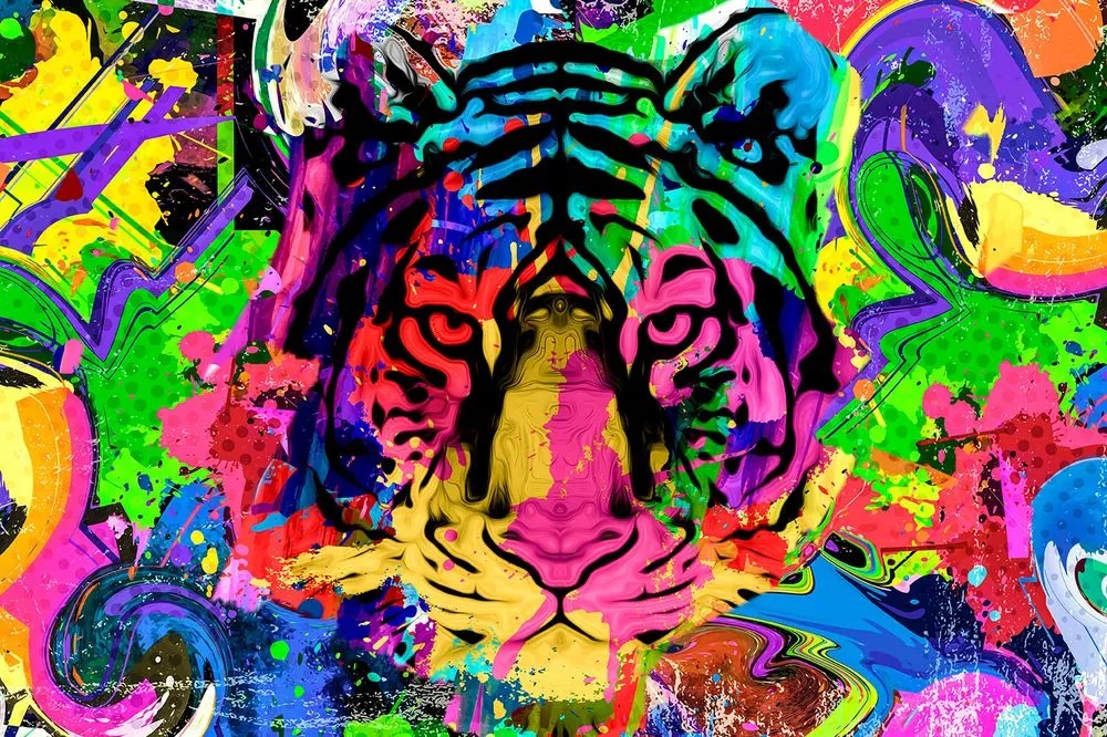 Carta da parati – Testa di tigre colorata