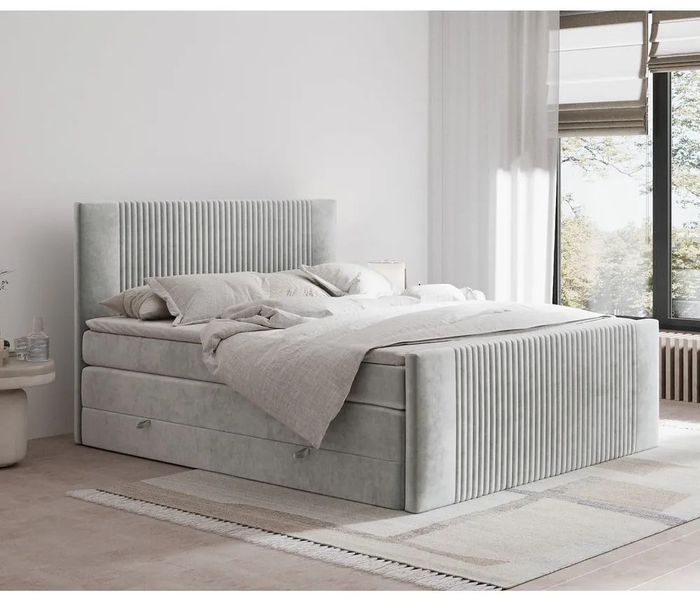 Letto boxspring grigio chiaro con contenitore 160x200 cm Bergamo – Maison de Rêve