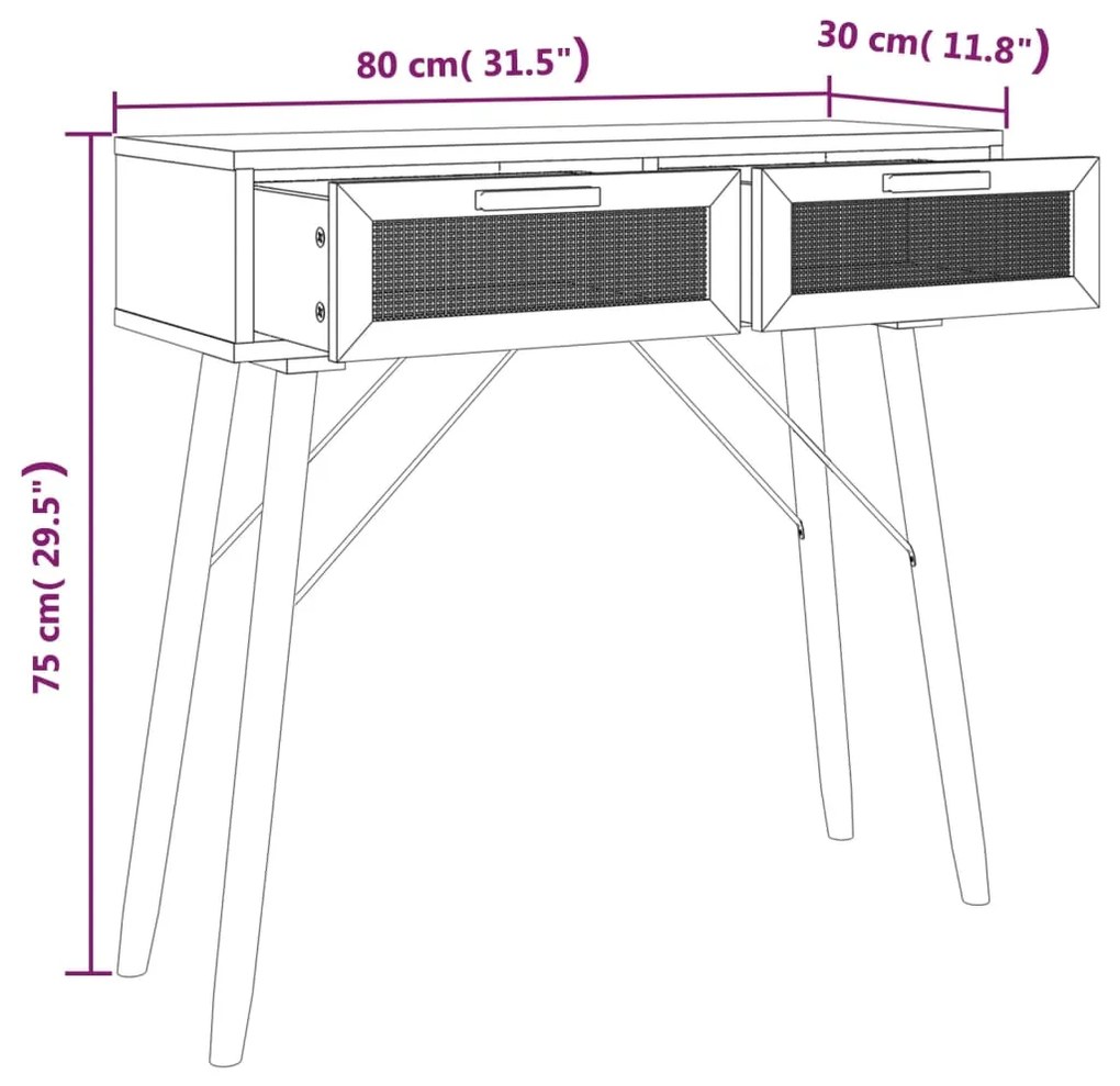 Tavolo Consolle Nero 80x30x75cm Massello Pino e Rattan Naturale