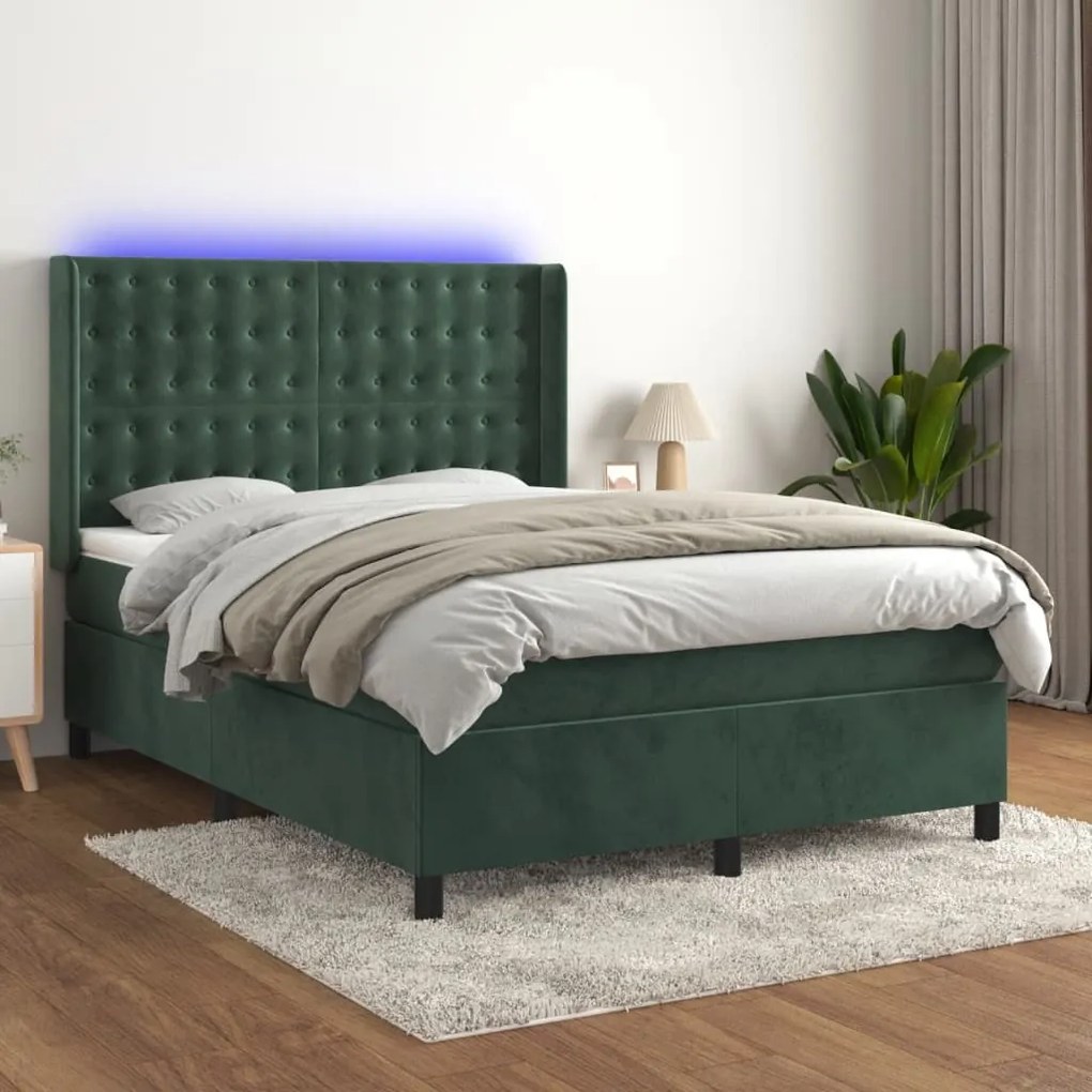 Letto A Molle Con Materasso E Led Verde Scuro 140x200cm Velluto /