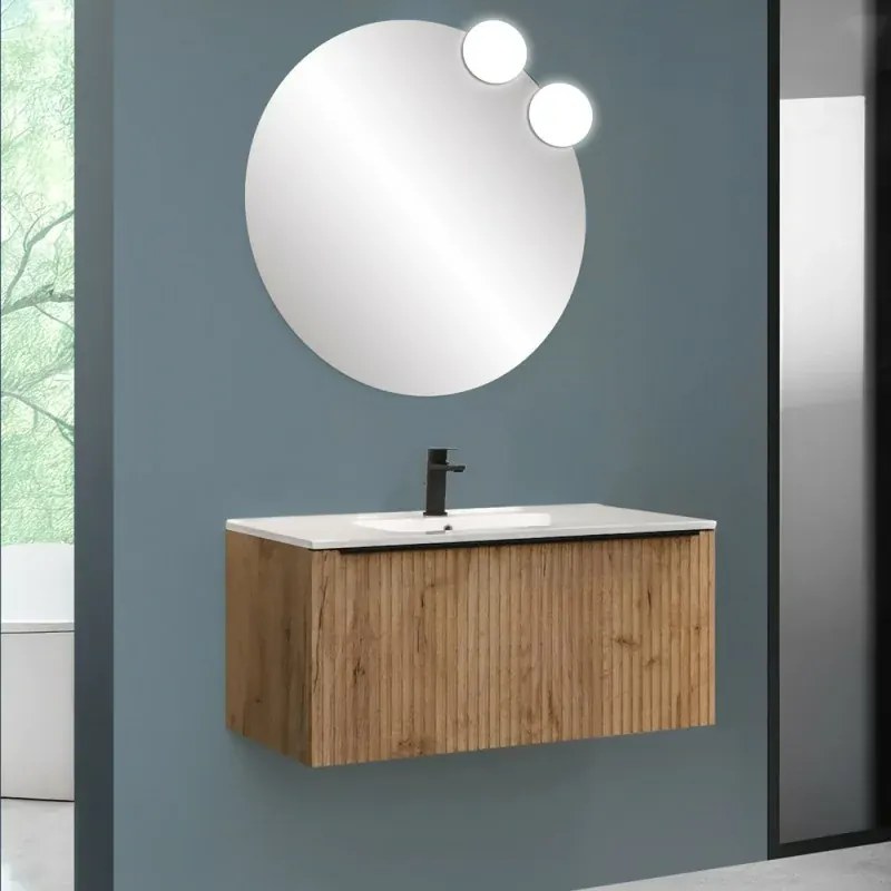 Mobile bagno sospeso 100 cm rovere africa cannettato con cassetto, specchio e lavabo Nara