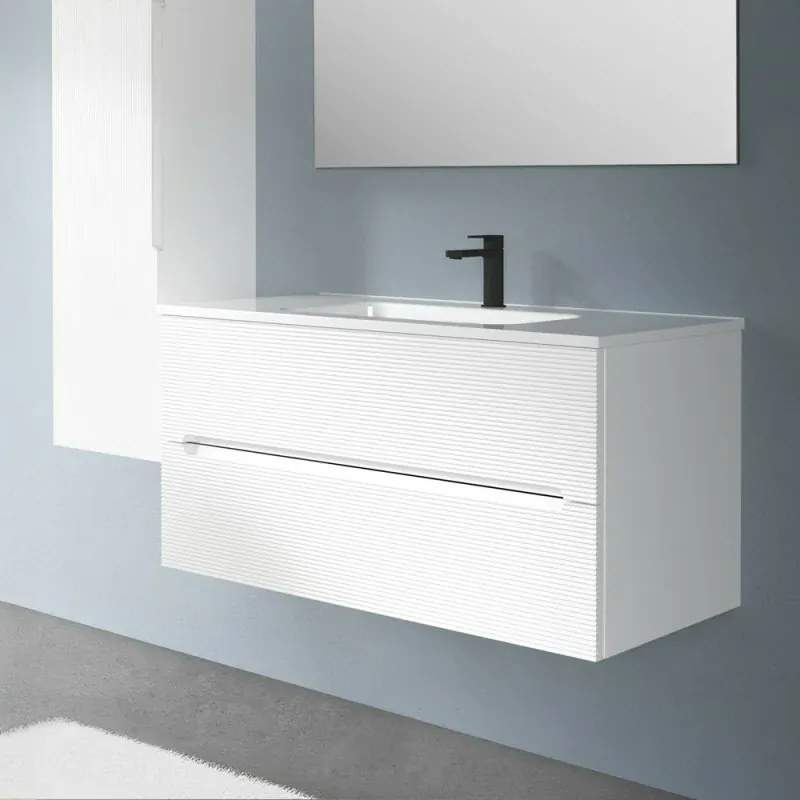 Mobile bagno sospeso 100 bianco cannettato 2 cassetti lavabo e specchio Rigo