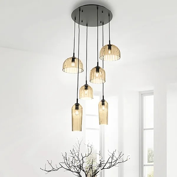 Lampadario a sospensione PUCK D60 cm in vetro soffiato rigato AMBRA