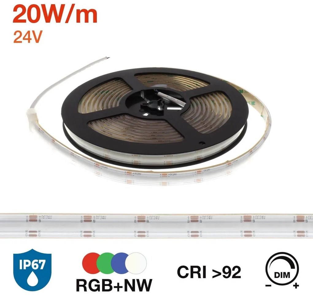 Striscia LED COB RGBW 20W/m Multicolore e B. Naturale 24VDC IP67 5m Professional Colore RGBW