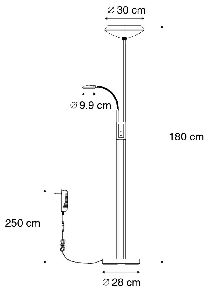 Lampada da terra nera con LED e dimmer con luce di lettura - Fez